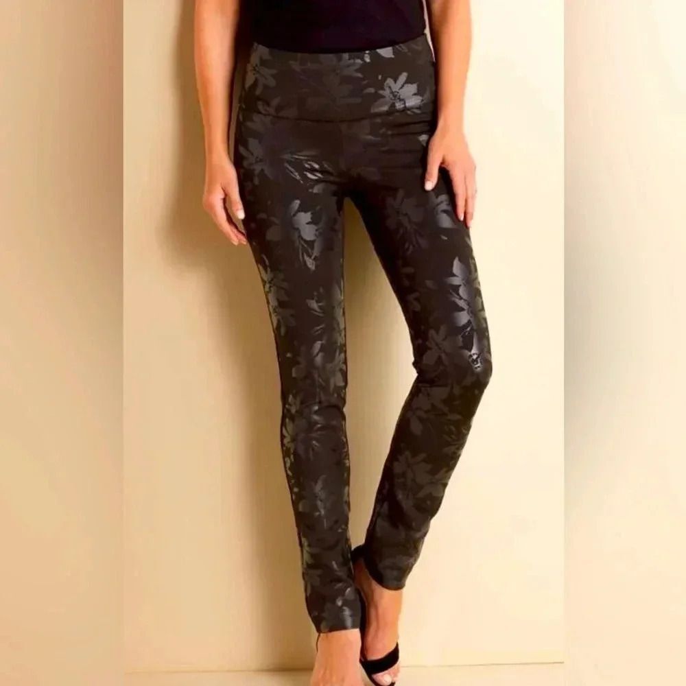 Soft Surroundings Pants Stretch Black Chrome Floral Thick S